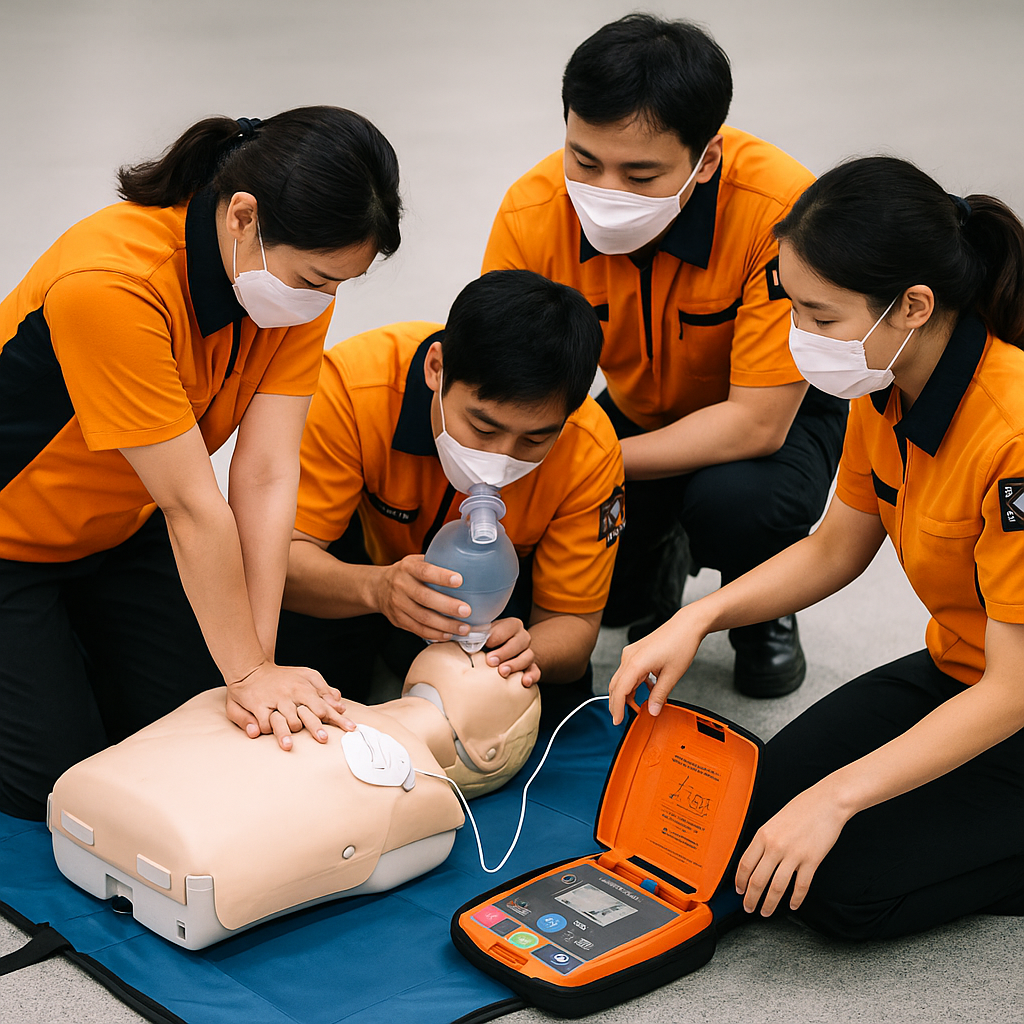 여러 명이 마네킨으로 흉부압박, 백밸브마스크, AED 조작을 역할 분담해 훈련하는 모습