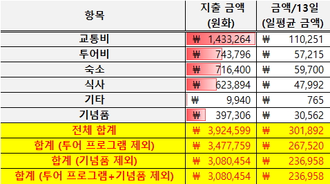 각 항목별 지출 금액 (여행 전 + 여행 중 합산)
