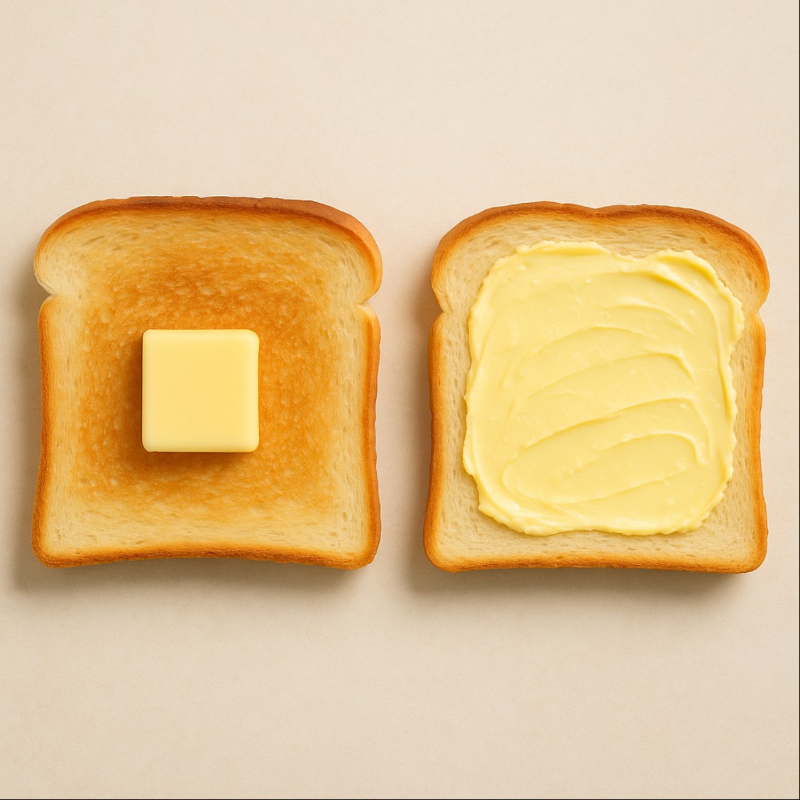 두 장의 토스트에 각각 버터와 마가린을 바른 모습을 위에서 내려다본 이미지로, 버터 마가린 차이를 직관적으로 보여주는 구성
