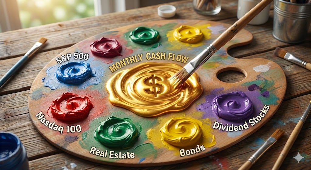 5가지 색깔의 물감(각 ETF)이 팔레트에서 섞이며 'Monthly Cash Flow'라는 황금색 웅덩이를 만들어내는 모습