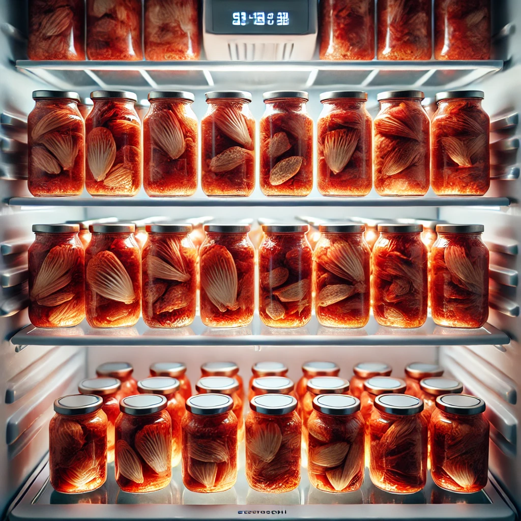 작은 유리 용기에 나눠 담긴 김치들이 현대식 냉장고에 깔끔하게 배열된 모습.