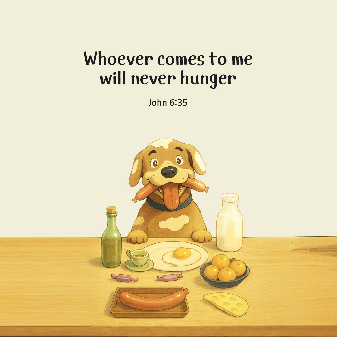 Whoever comes to me will never hunger. (John 6:35) by pieonane Daily Bible quote image