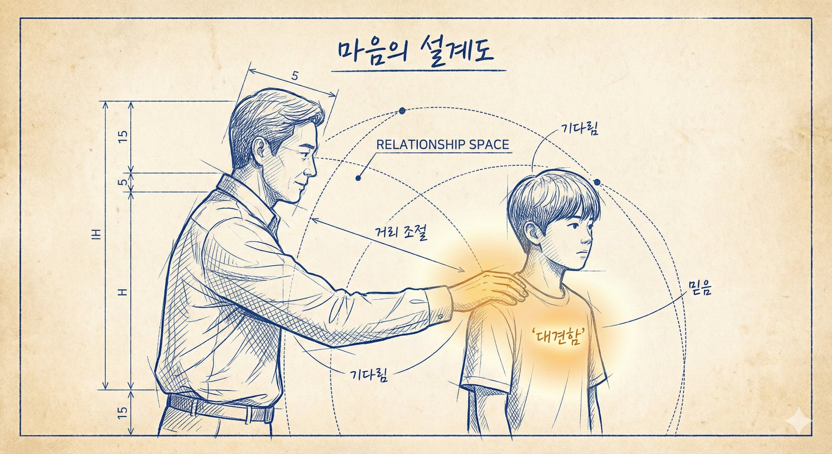 사춘기 자녀와 부모의 소통과 관계 회복을 따뜻한 빛이 스며드는 건축 청사진 스타일로 표현한 '마음의 설계도' 일러스트