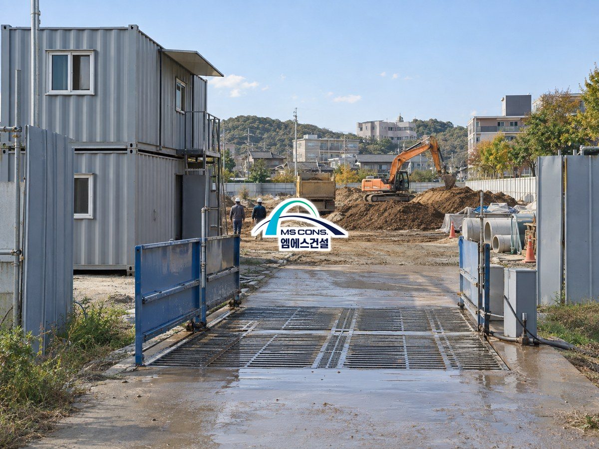 토목공사 현장 가설 사무실과 안전 울타리 세륜 시설 &mdash; 간접공사비가 쓰이는 현장 모습