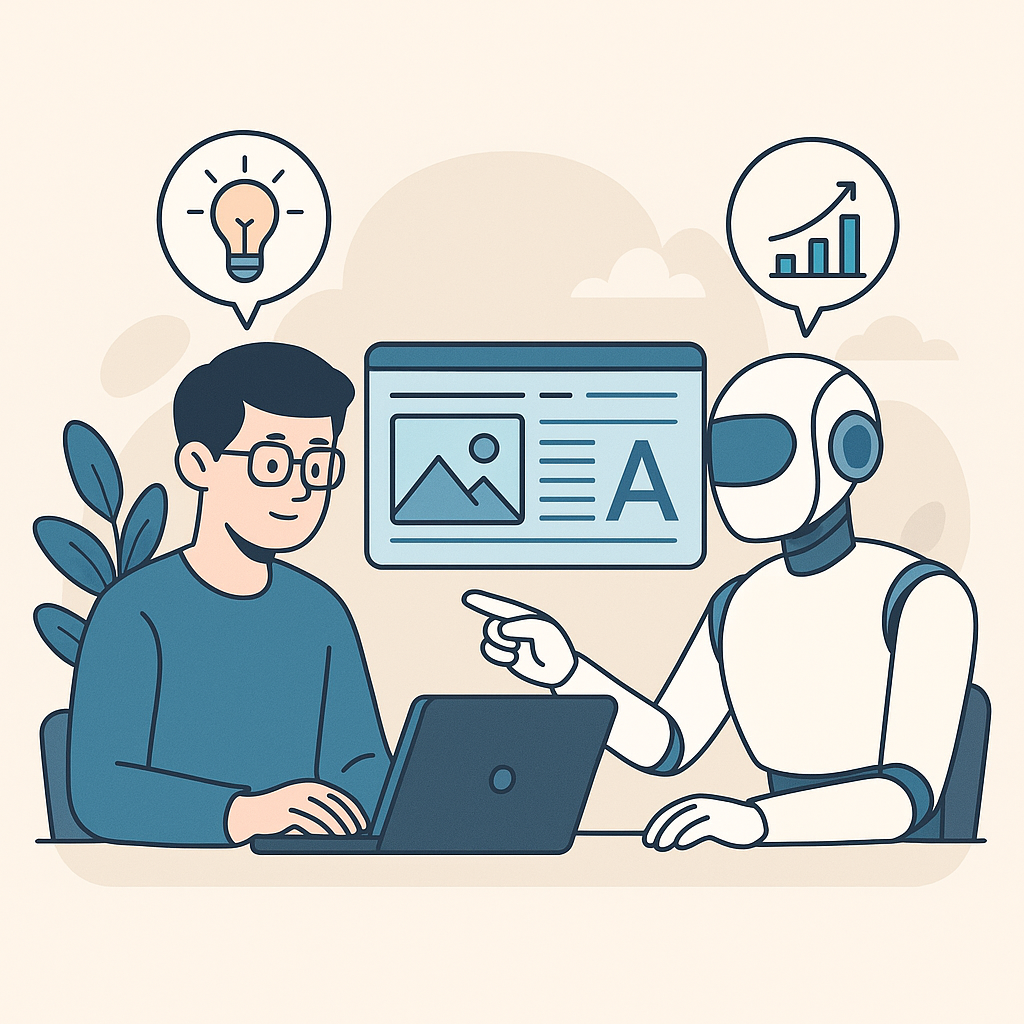 AI와 인간이 나란히 앉아 창의성과 분석을 주고받으며 협업하는 장면의 일러스트