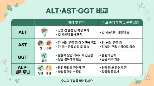 ALT AST GGT ALP 빌리루빈 간수치 비교
