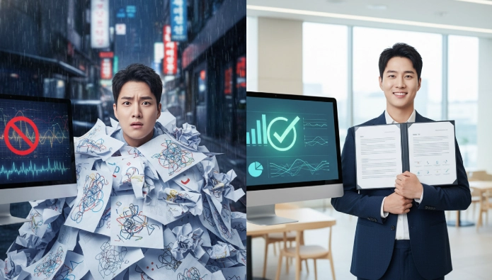 베트남 은행 계좌 개설 전후를 비교하는 이미지. 왼쪽에는 서류 더미 앞에서 혼란스러워하는 한국인이, 오른쪽에는 깔끔하게 서류를 정리하고 미소 짓는 한국인이 보인다. 배경은 한국의 도시 풍경이며, 은행 화면과 서류에는 텍스트 없이 추상적인 선과 아이콘만 표시되어 있다.