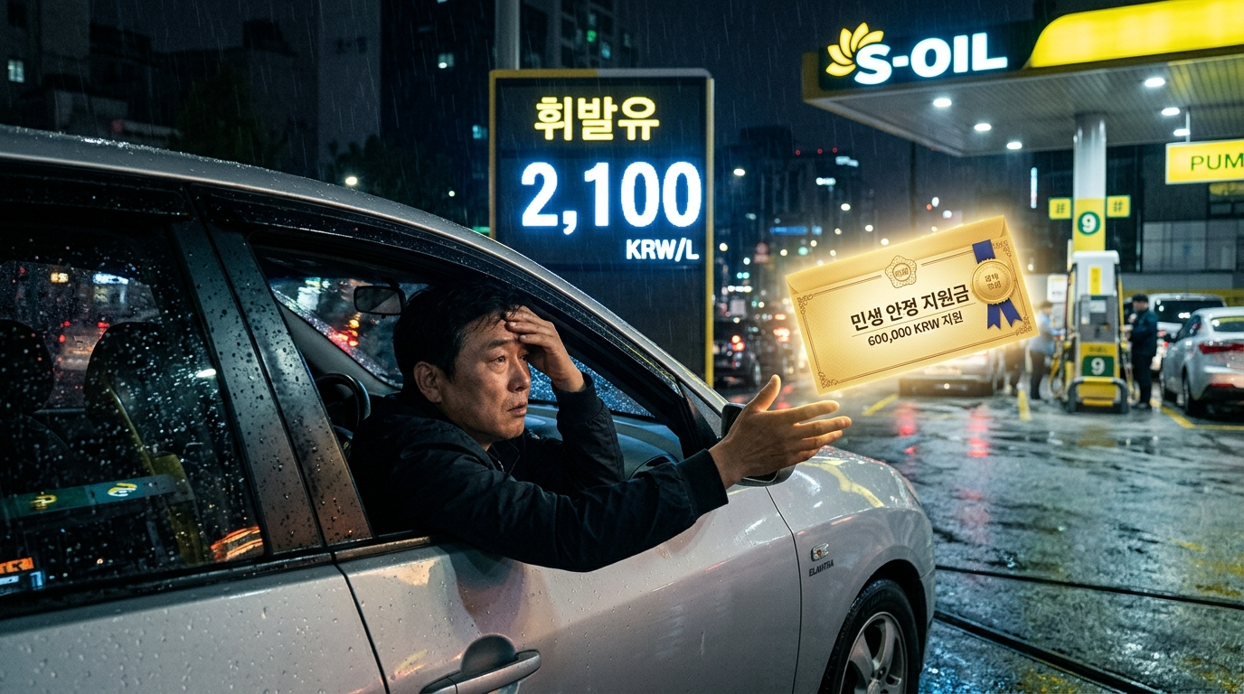 2,000원이 넘은 주유소 가격표를 보며 절망하는 운전자 위로 '최대 60만 원 지원금' 확정 통지서가 날아오는 극적인 모습