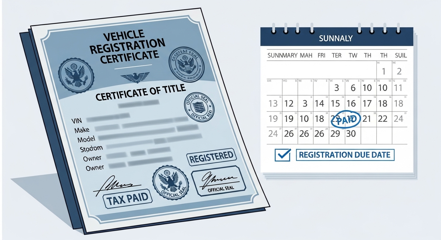 자동차 등록증과 서류들을 통해 차량 등록 절차를 완료하는 이미지.