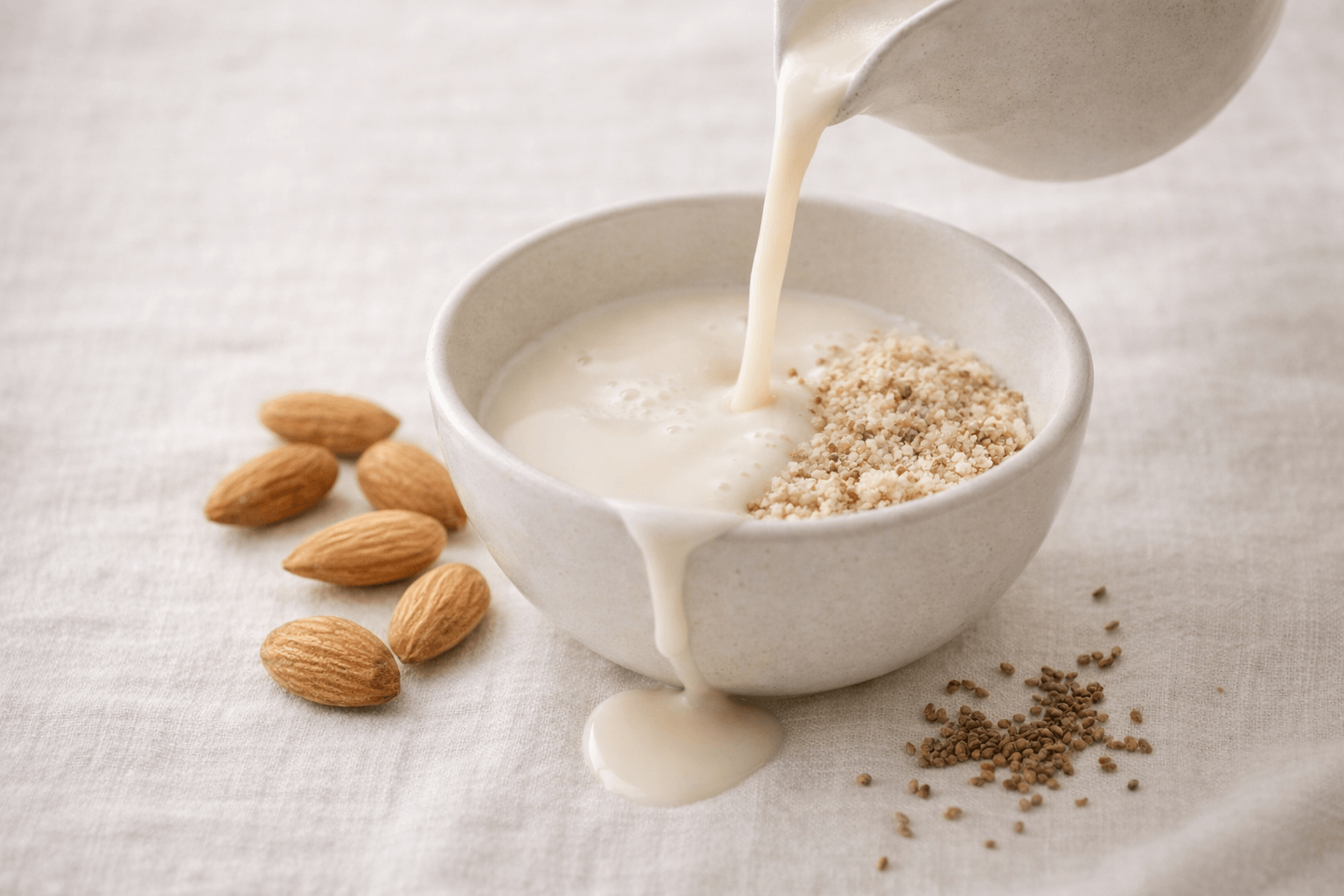 오프화이트 패브릭 위 세라믹 볼에 흐르는 아몬드 밀크와 갓 간 아몬드, 앰브레트 씨앗이 배치된 니치 향수 탑 노트 콘셉트 이미지