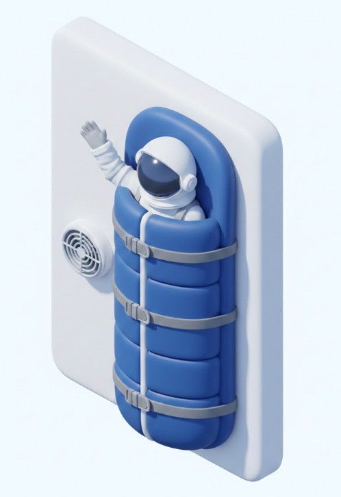 무중력 상태에서 벽에 고정되어 자는 우주인