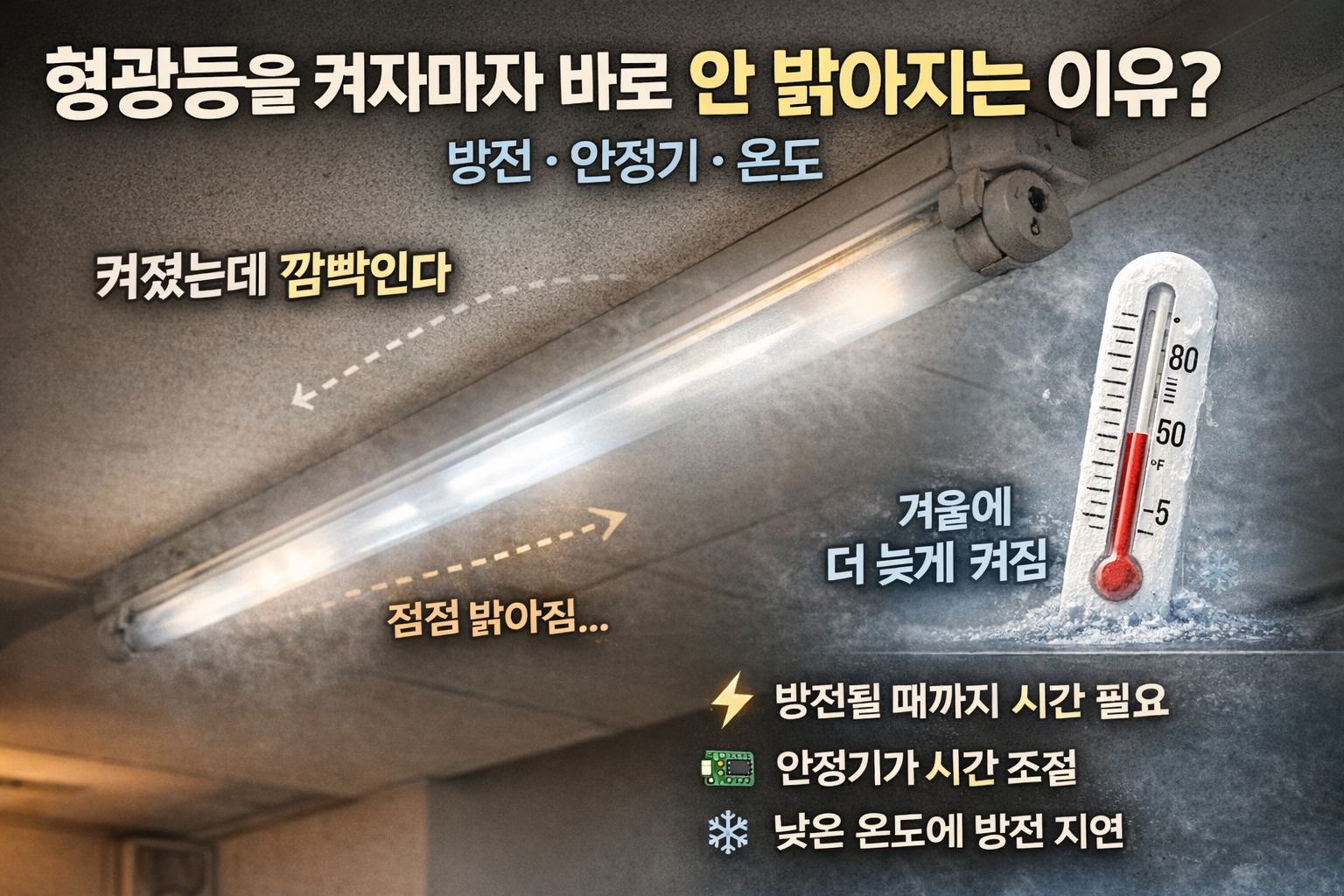 형광등을 켜자마자 바로 안 밝아지는 이유 (방전,안정기,온도)