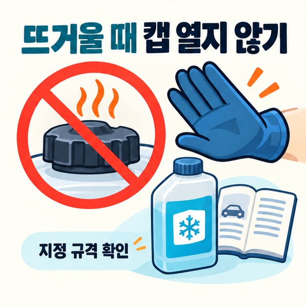 뜨거운 냉각수 캡 열기 금지 표시와 지정 규격 냉각수 확인 안내