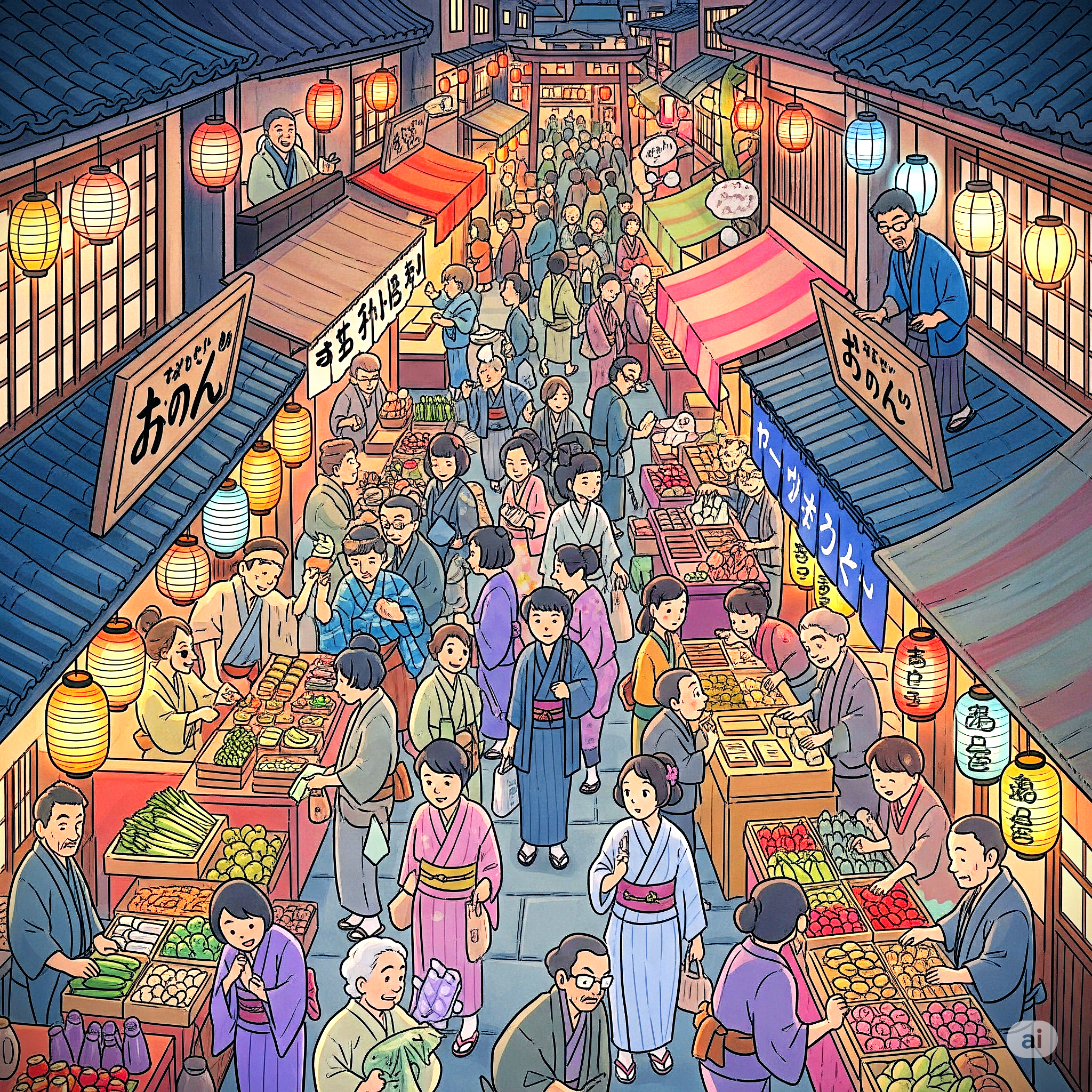 옛날 일본 장터 거리 풍경 그림