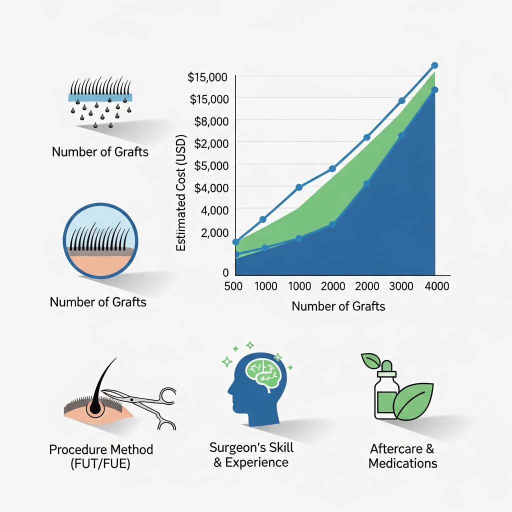 모발이식 비용에 영향을 미치는 다양한 요소를 시각적으로 표현한 이미지. 가격 그래프와 함께 이식 모수, 시술 방법, 의료진 숙련도, 사후 관리 등 핵심 요소 아이콘들이 어우러져 있습니다.