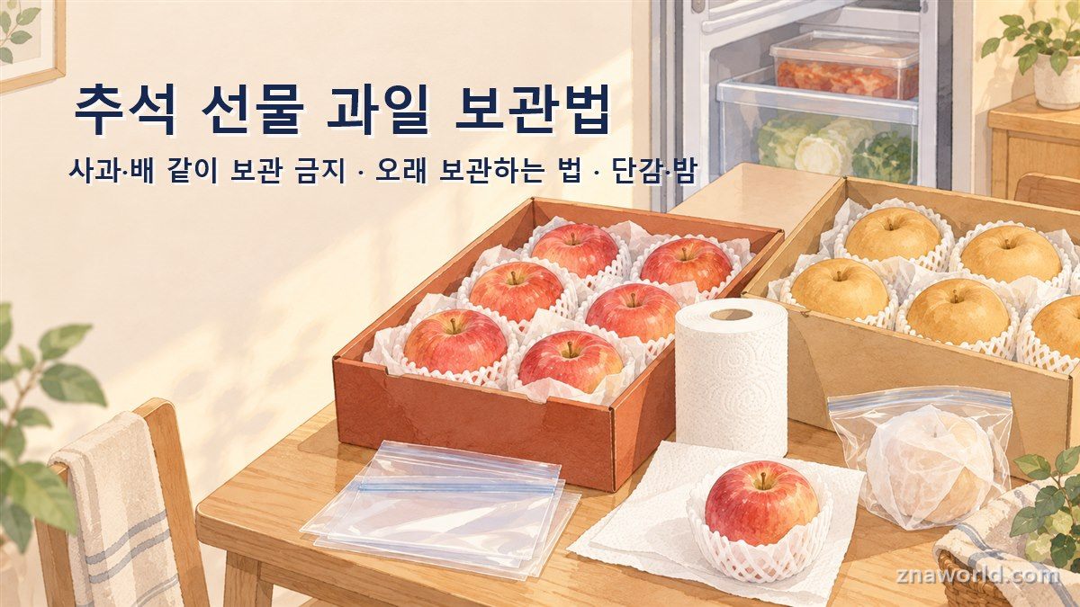 추석 선물 과일 보관법 — 사과와 배 선물 상자와 키친타월·지퍼백