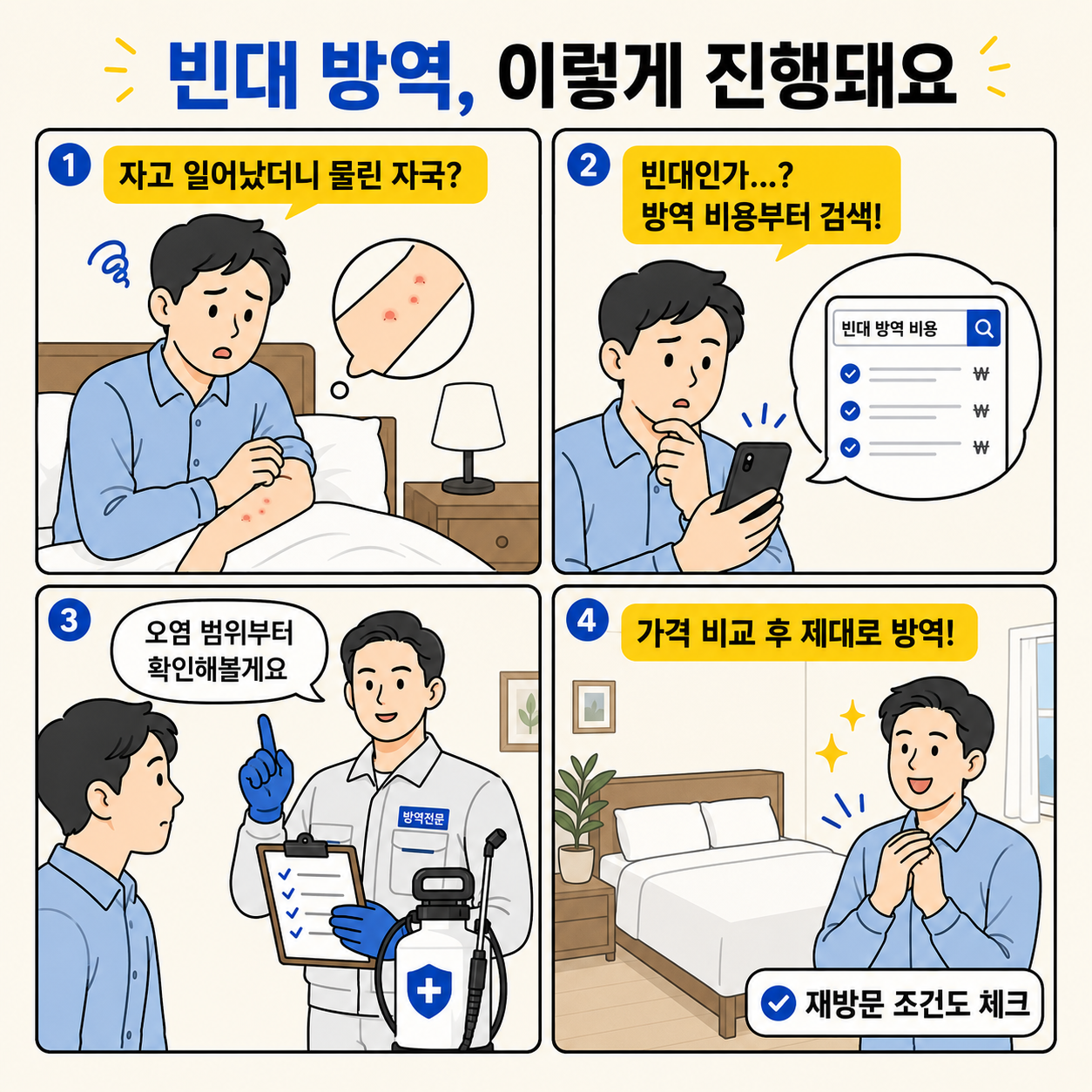 빈대 물린 자국을 발견한 후 방역 비용을 검색하고 업체 상담과 가격 비교를 거쳐 방역을 진행하는 과정을 설명한 네컷만화