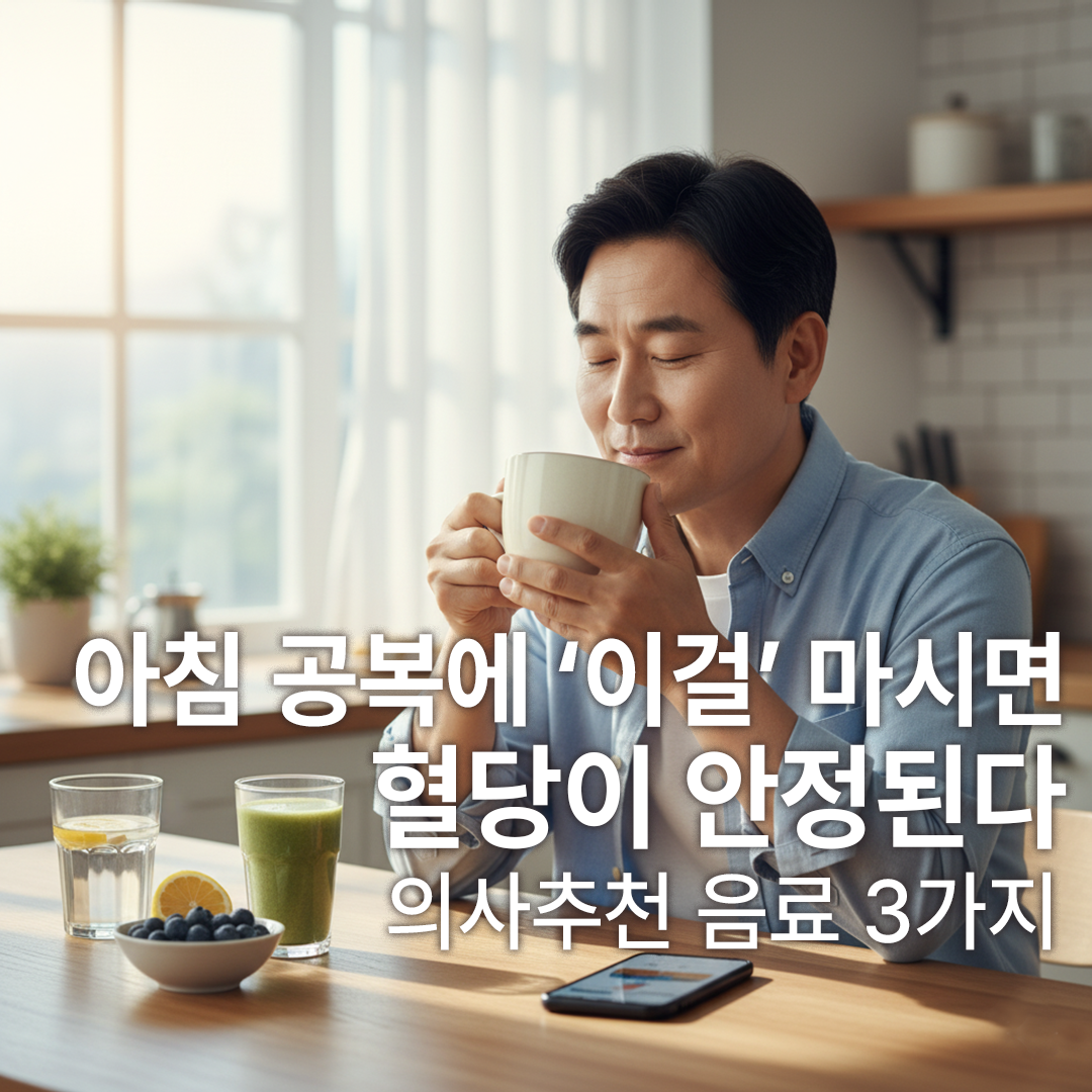 아침 공복에 이걸 마시면 혈당이 안정된다? 의사추천 음료 3가지, 한국인 중년 남성이 아침에 어떤 것을 불투명한 컵에 담아 마시고 있다