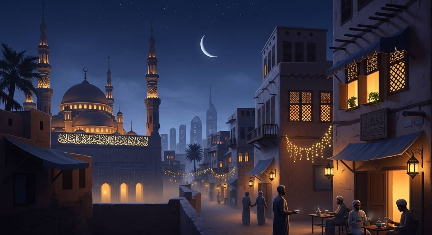 고요한 아라비안 밤의 거리 풍경. 반달이 떠오른 하늘 아래 웅장한 모스크가 빛나고, 전통 의상을 입은 사람들이 노천카페에서 차를 마시며 대화를 나누는 모습. 따뜻한 조명과 이슬람 건축의 조화가 이국적인 감성을 전한다.