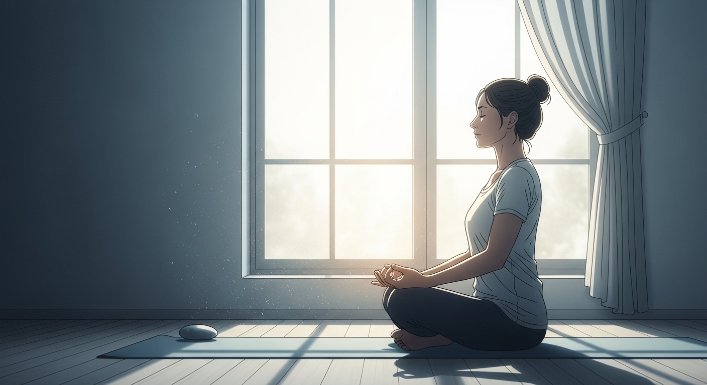 고요한 실내에서 명상을 하고 있는 사람의 모습. 스트레스 관리와 마음의 평화를 상징합니다.