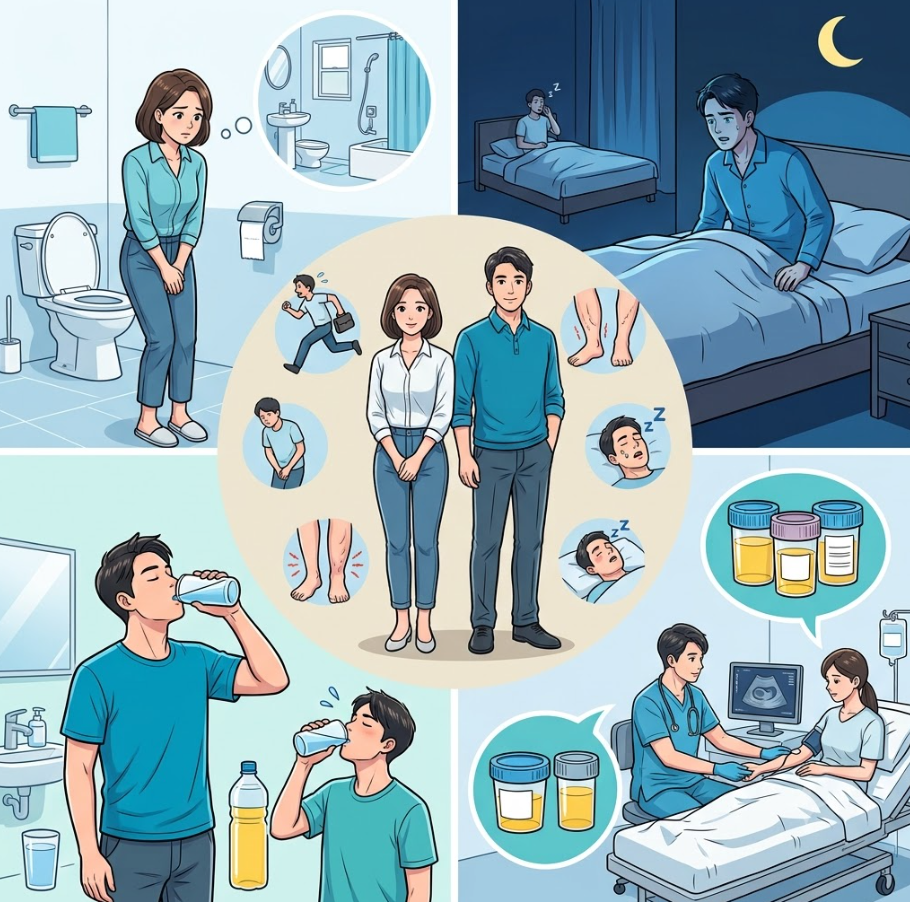빈뇨, 야간뇨, 다뇨의 증상 기록부터 동반 단서 확인 및 병원 검사까지 한눈에 보는 정사각형 종합 요약 일러스트
