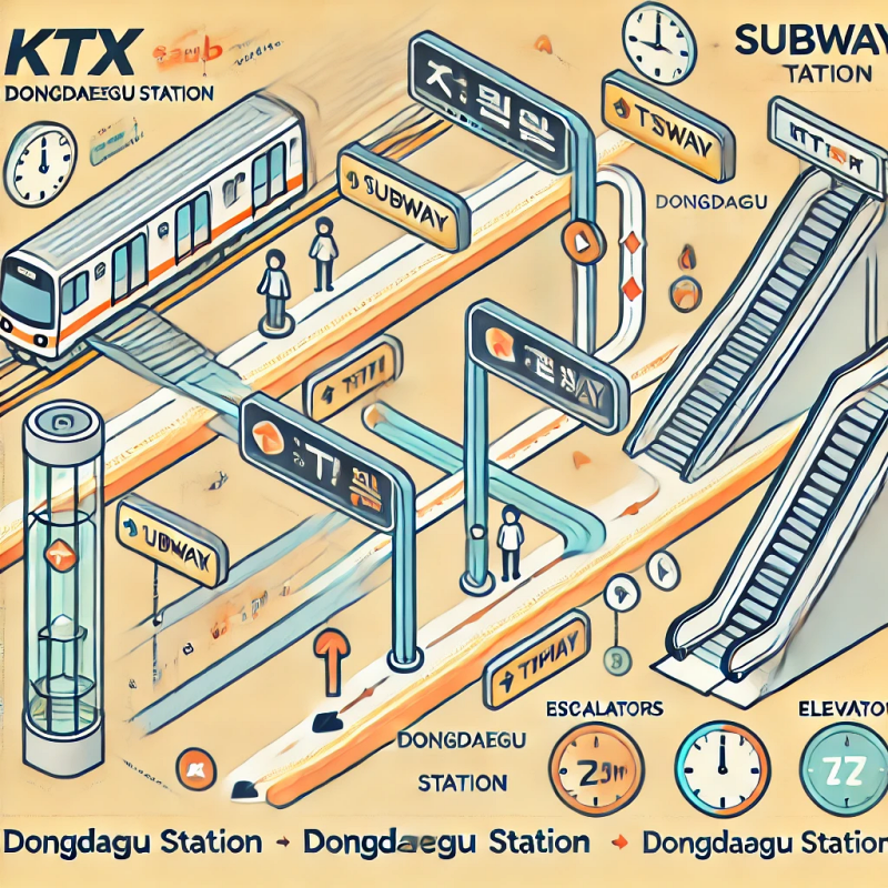 동대구역 KTX와 지하철 간 환승 경로를 설명하는 인포그래픽&amp;#44; 화살표와 시간 표시 포함