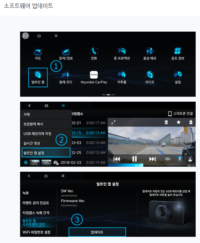 USB 연결 및 차량 빌트인 캠 업데이트
