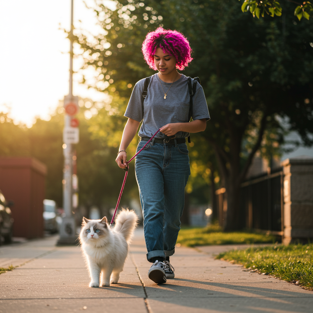 고양이 산책하는 여성 이미지