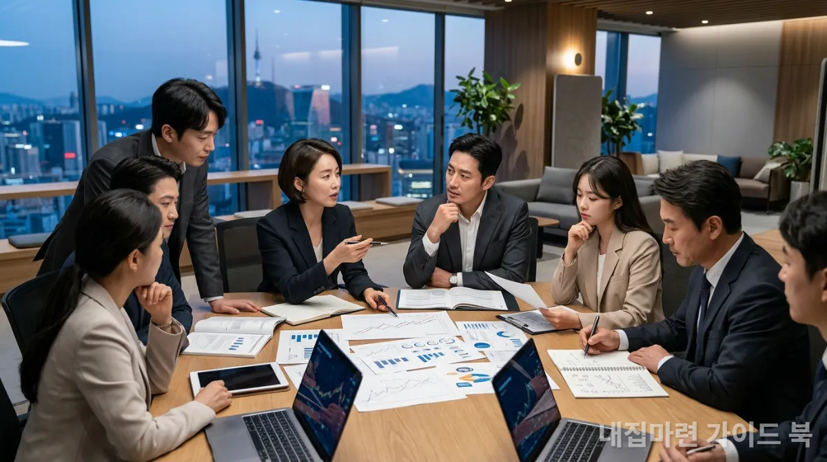 현대적인 공간에서 투자 전략을 논의하는 다양한 한국인 투자자들