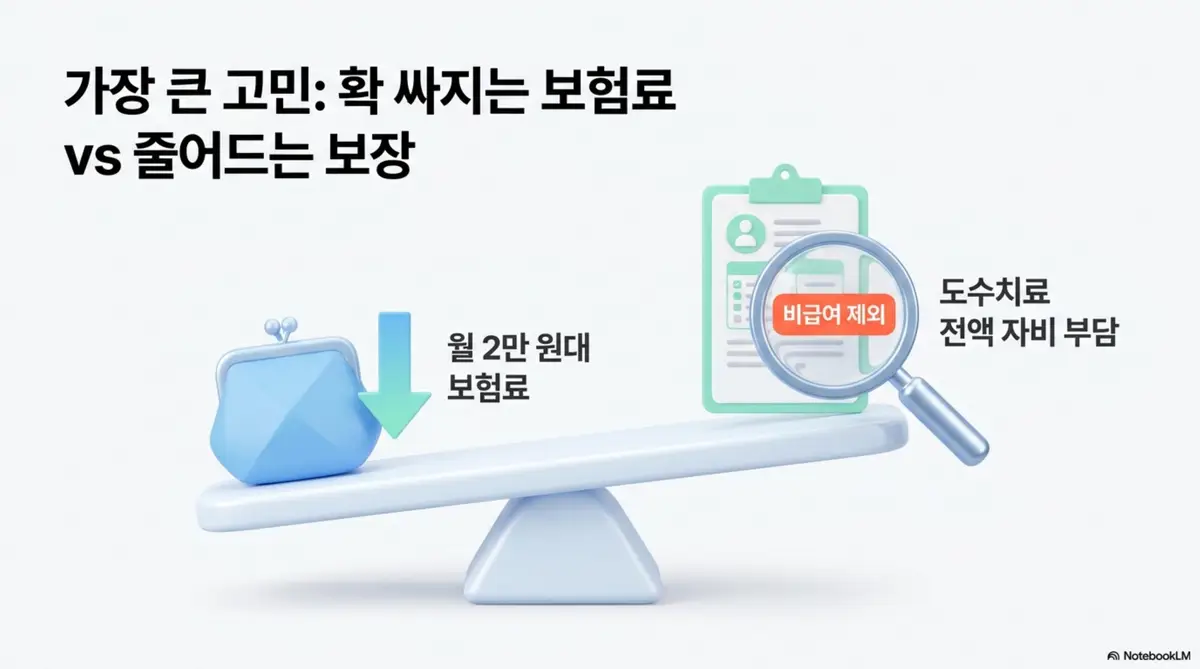 5세대 실손보험 전환의 가장 큰 고민인 보험료 인하와 보장 축소의 트레이드오프를 시소 그래픽으로 비교한 인포그래픽 이미지. 왼쪽에는 월 2만 원대로 낮아지는 보험료를 오른쪽에는 도수치료 전액 자비 부담과 비급여 제외를 돋보기로 강조하고 있다