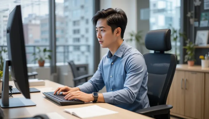 30대 한국인 남성이 손목 받침대를 사용해 바른 자세로 키보드를 사용하는 모습