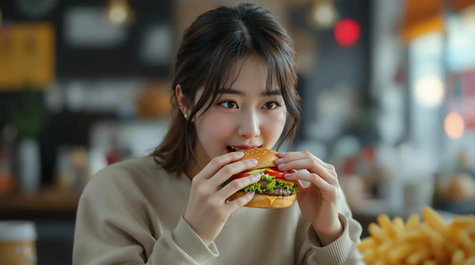 햄버거를 먹는 여성