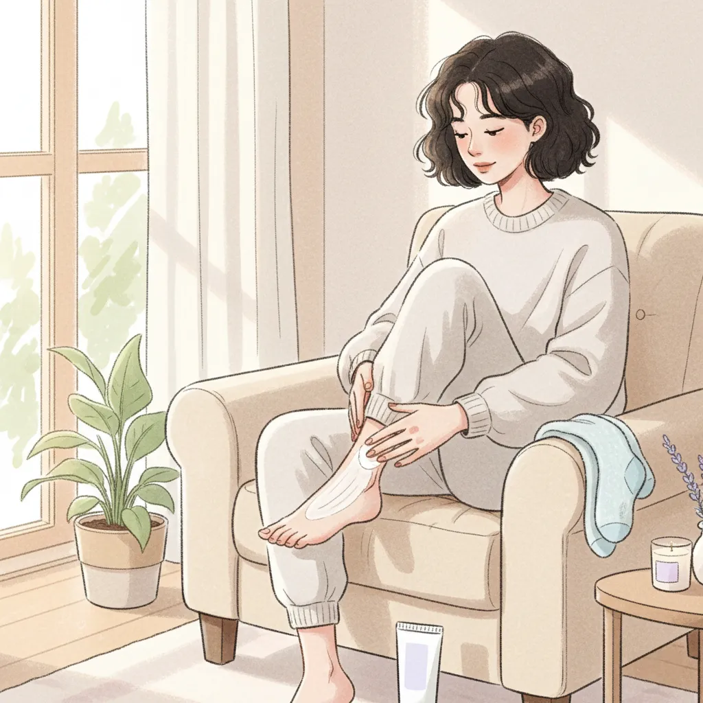 건조한 발을 관리하며 풋크림과 양말로 보습하는 라이프스타일 일러스트