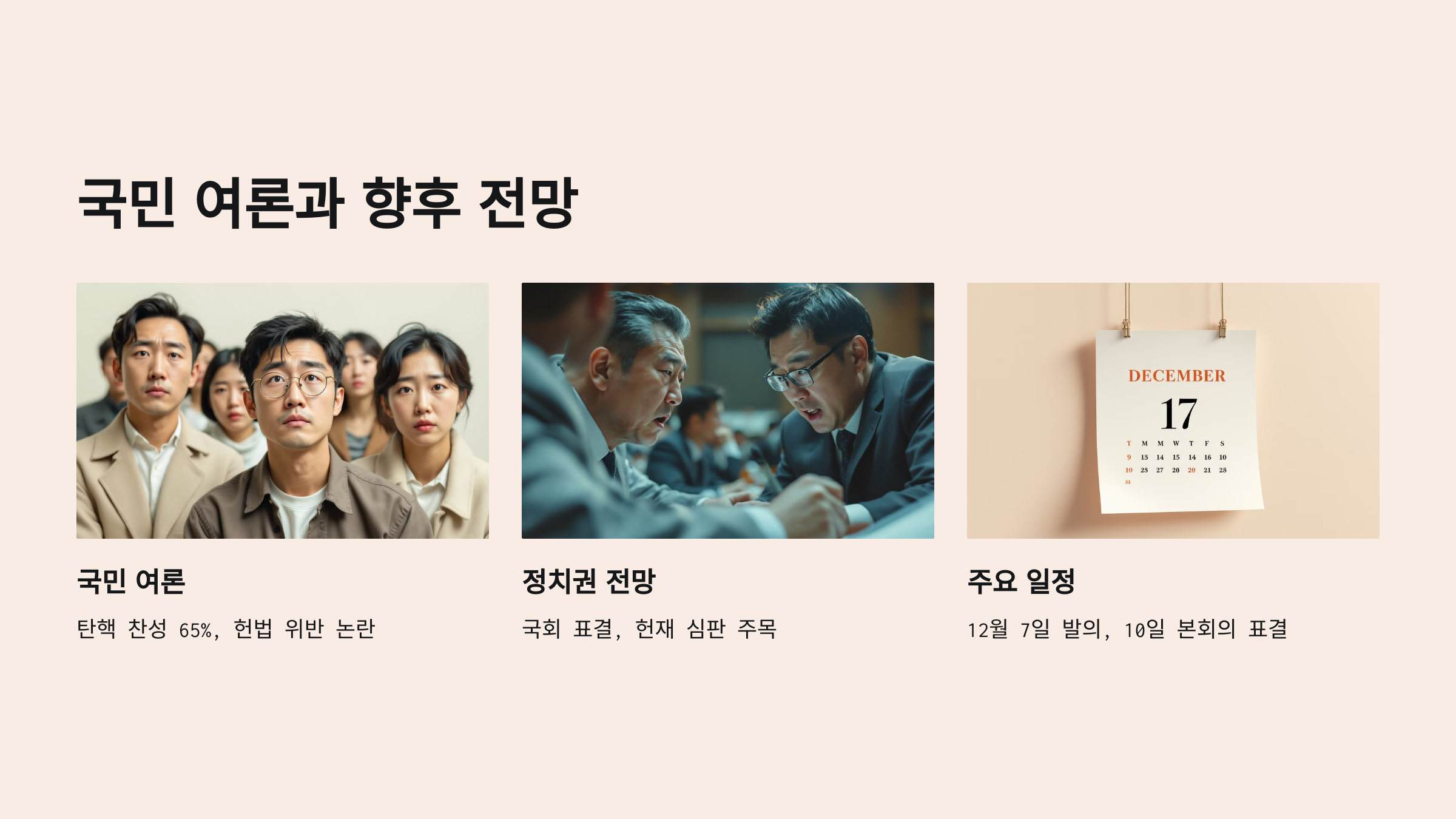 국민 여론을 반영하는 사진. 여러 시민들이 심각한 표정으로 카메라를 바라보고 있으며, 정치 토론 장면과 주요 일정 캘린더도 포함