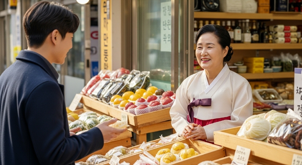 전통시장 가게 앞에서 고객과 웃는 점포 주인