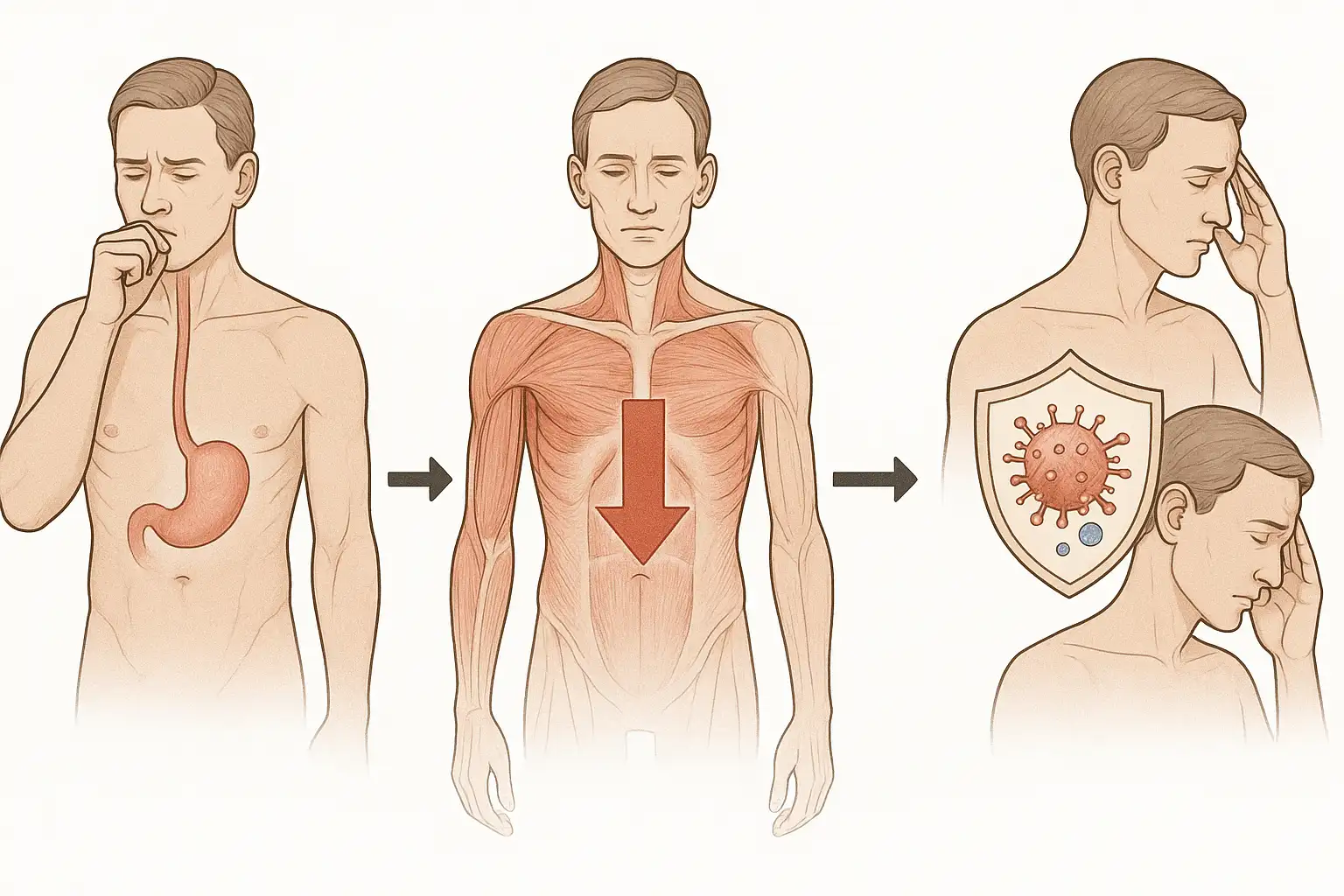 식욕 저하가 근육량 감소, 면역력 약화, 집중력 저하로 이어지는 과정