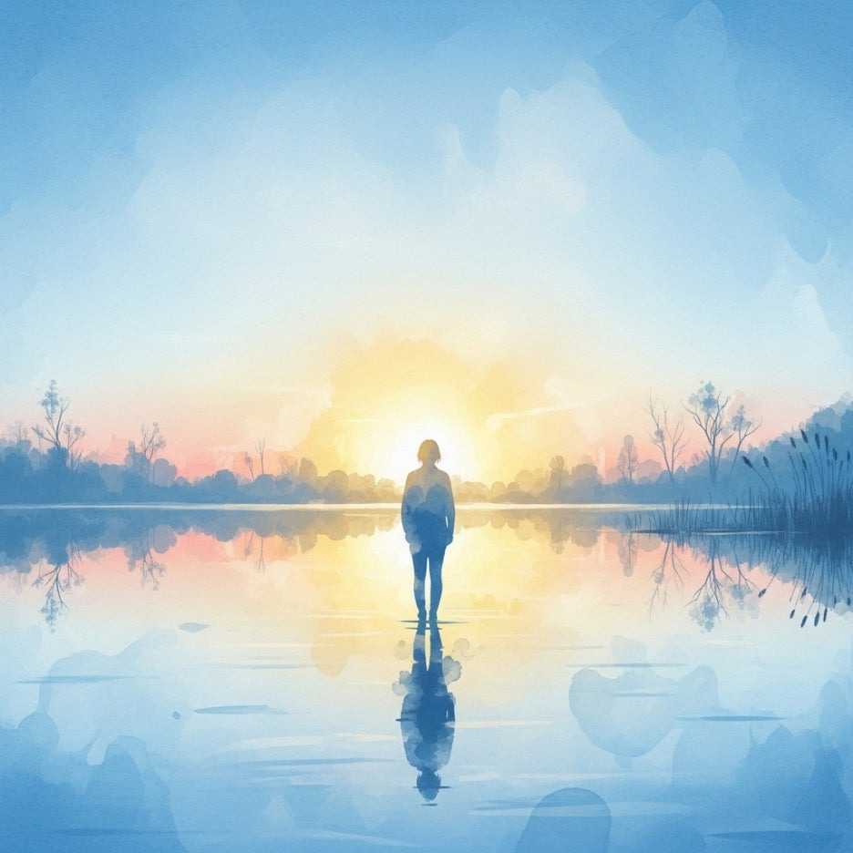 평온한 호숫가에 비친 자신의 모습을 바라보는 사람