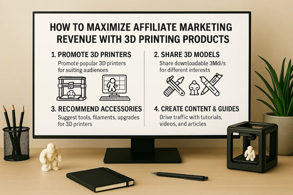 제휴마케팅으로 3D프린팅 제품을 판매하는 방법과 수익 극대화 팁이 정리된 컴퓨터 화면, 인물 없이 정보가 표시된 장면