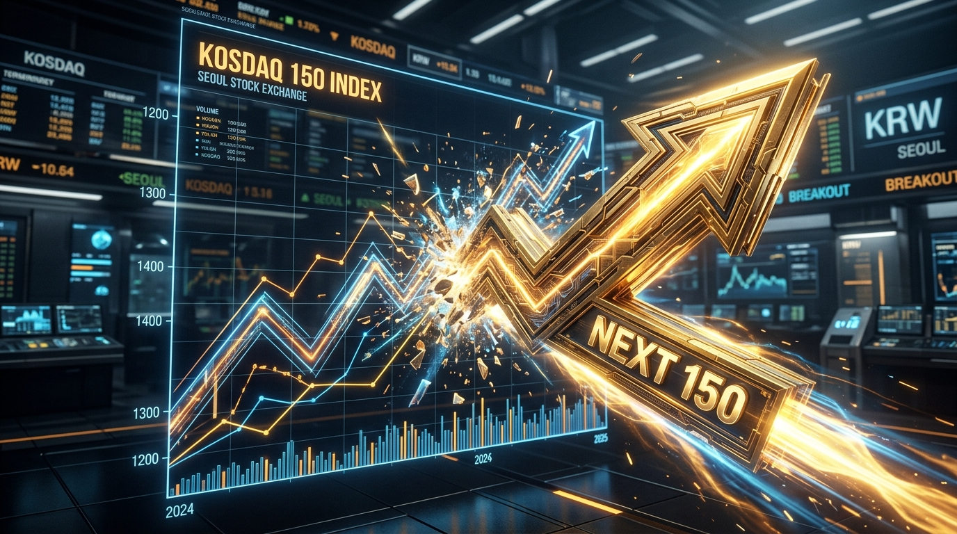 코스닥 150 지수 그래프를 뚫고 솟아오르는 황금색 화살표와 'NEXT 150' 문구가 강조된 미래지향적 3D 일러스트