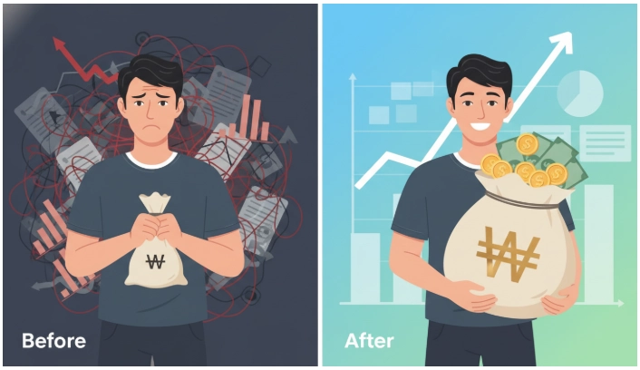 연말정산 절세 전략 전후를 비교하며, 세금 환급으로 인한 재정적 여유를 보여주는 한국인