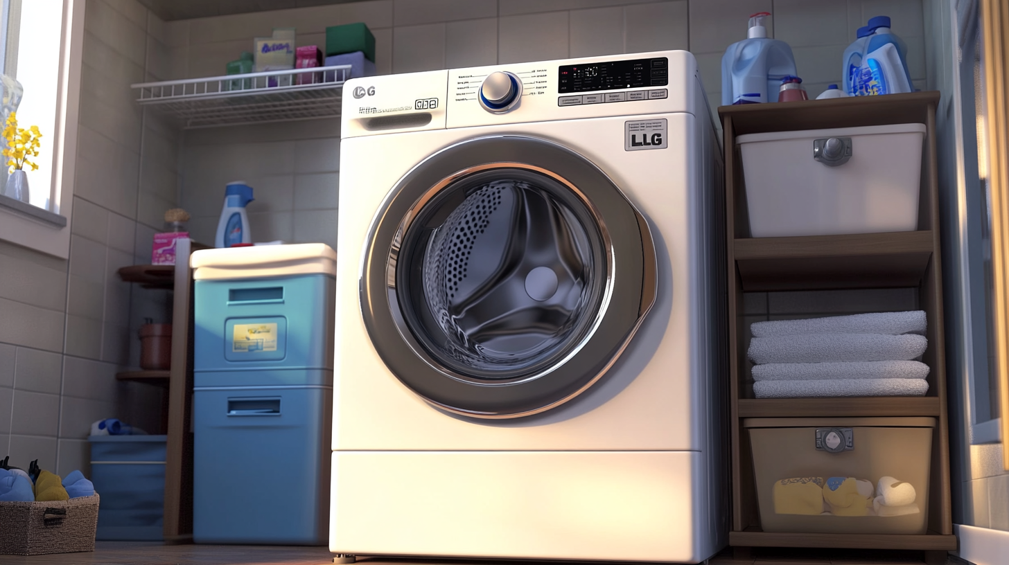 아늑한 작은 아파트 세탁실에 설치된 LG 세탁기 건조기 일체형. 다양한 색상 옵션이 전시되어 있으며, 디자인의 다재다능함이 강조됨.