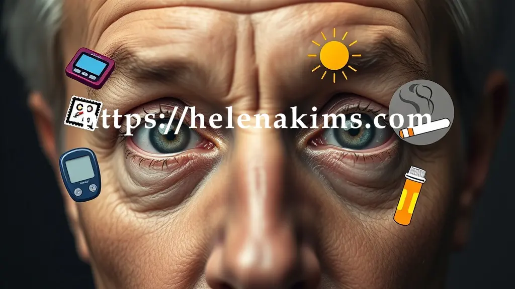 사람 눈 주위로 노화(주름진 얼굴), 당뇨병(혈당 측정기), 강한 자외선(강렬한 태양), 흡연(담배 연기), 약물(약병), 눈 외상/염증(반창고) 아이콘들이 감각적으로 배치되어 백내장 유발 원인을 시각화한 이미지.