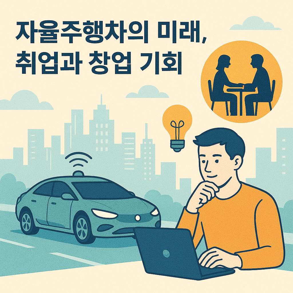 자율주행차 산업의 미래와 그에 따른 취업 및 창업 기회를 주제로 한 일러스트입니다. 자율주행 산업에서의 취업과 창업 기회를 시각적으로 강조하고 있습니다