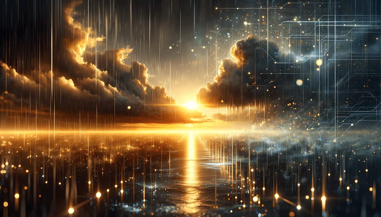 비가 내리는 해와 구름의 사진