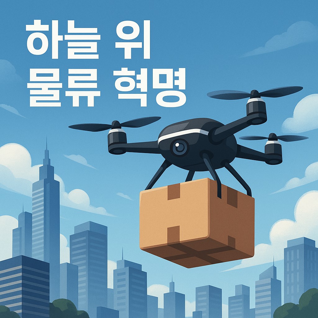 도시 상공을 날며 물건을 배송하는 드론을 형상화한 대표 이미지