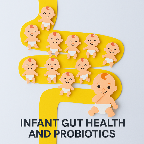 아기 장 모양 위에 유산균을 상징하는 아기 아이콘들이 나열된 일러스트 – 유아 장 건강과 프로바이오틱스를 주제로 한 시각 이미지