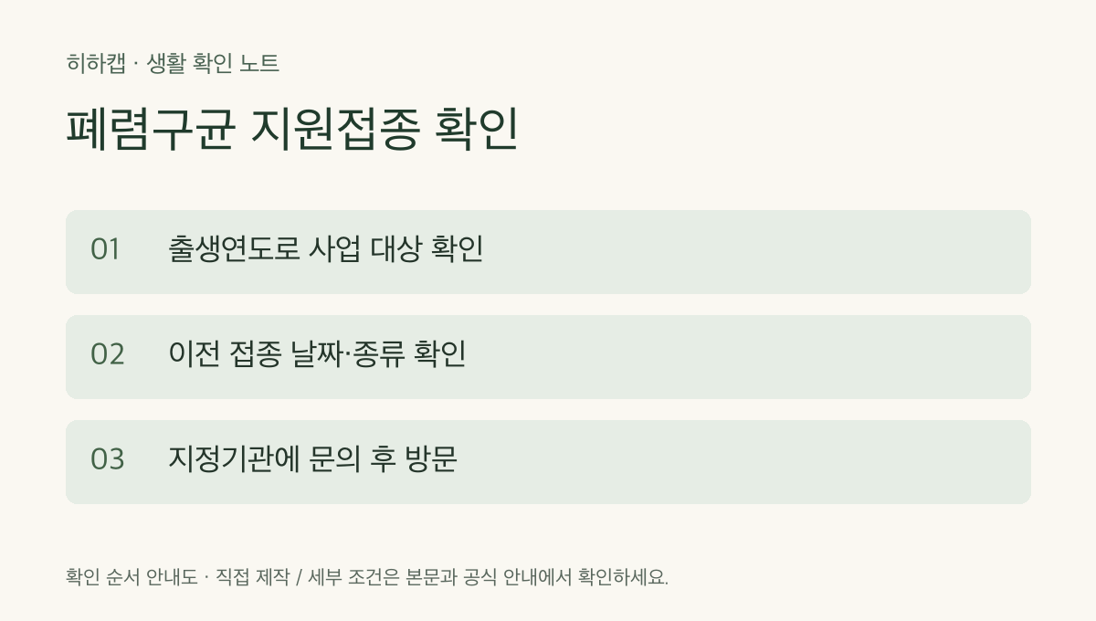 폐렴구균 지원접종 확인 순서: 출생연도로 사업 대상 확인 &rarr; 이전 접종 날짜&middot;종류 확인 &rarr; 지정기관에 문의 후 방문