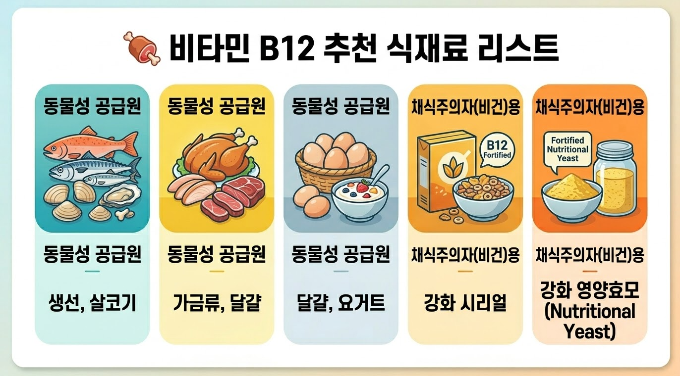 비타민 B12 식품 공급원 동물성 식품과 강화 식품 비교 이미지