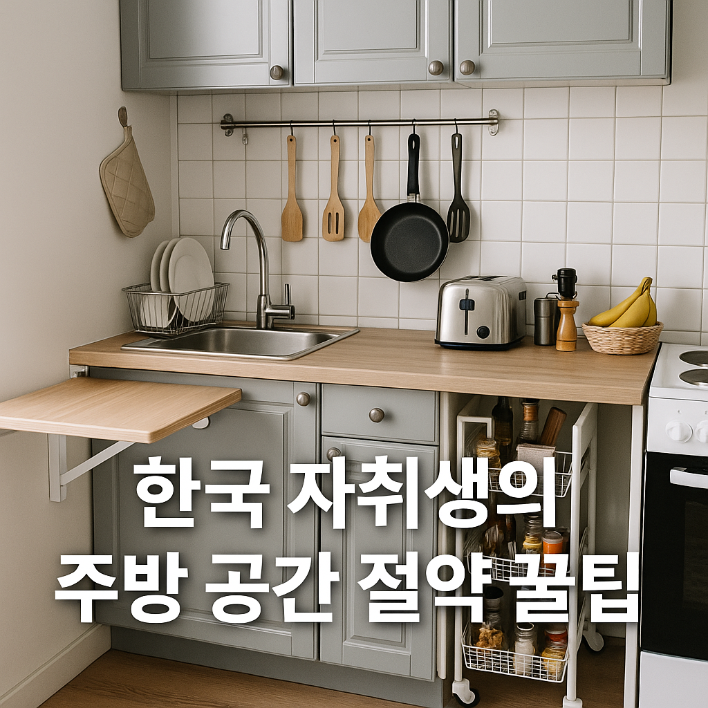 좁은 자취방 주방에서 벽면과 상부장을 활용한 수납 예시