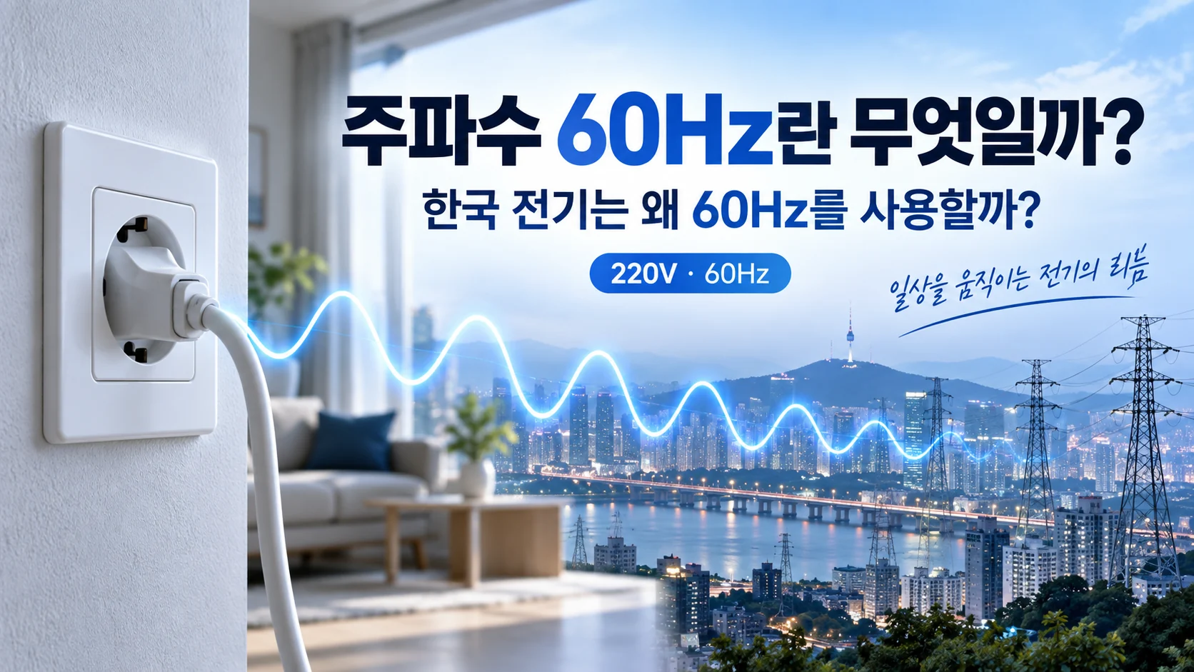 한국 전기 220V 60Hz와 교류 주파수 개념을 설명하는 대표 이미지